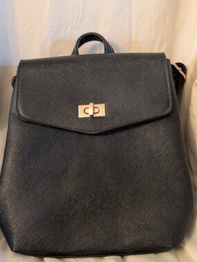 Vanessa Williams black faux leather backpack 10.5" w/straps and white interior
